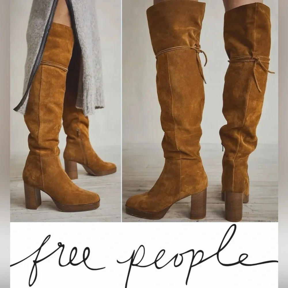 FREE PEOPLE Echo Platform Over the Knee Boot Tan Cognac Size 40 NWOB